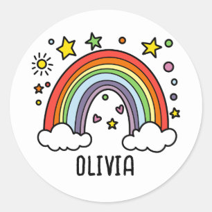 Whimsical Rainbow Personalized Girls Classic Round Sticker