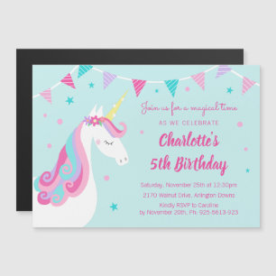 Whimsical Rainbow Unicorn Aqua 5th Birthday Party Magnetic Invitation