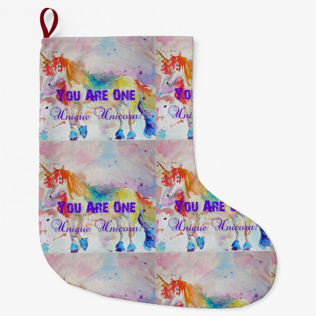 Whimsical Rainbow Unicorn Art Christmas Stocking (Front)