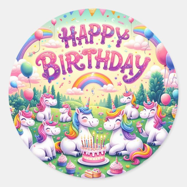 Whimsical rainbow unicorn birthday stickers (Front)
