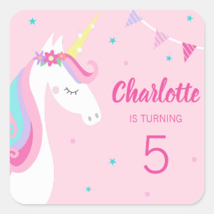 Whimsical Rainbow Unicorn Pink 5th Birthday Square Sticker