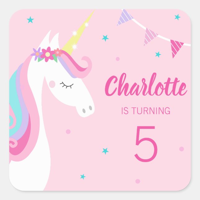 Whimsical Rainbow Unicorn Pink 5th Birthday Square Sticker (Front)