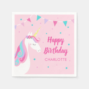 Whimsical Rainbow Unicorn Pink Happy Birthday Napkin