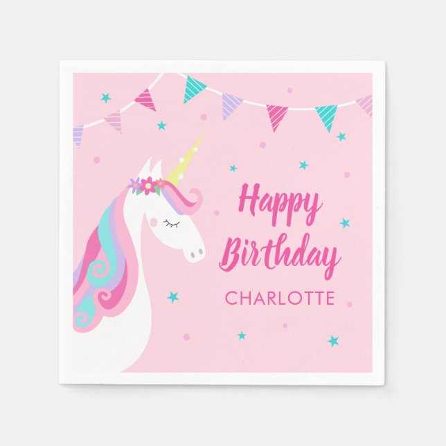 Whimsical Rainbow Unicorn Pink Happy Birthday  Napkin (Front)