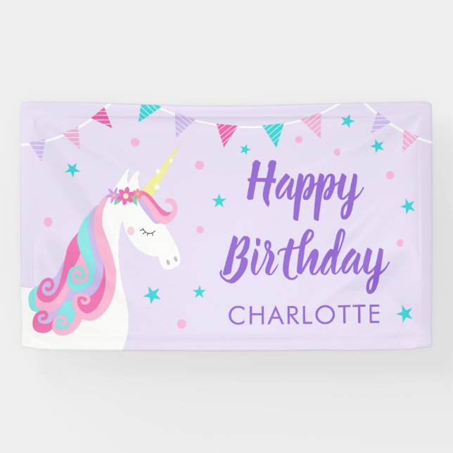 Whimsical Rainbow Unicorn Purple Happy Birthday Banner (Horizontal)
