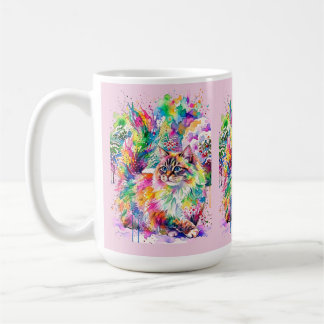 Whimsical Rainbow Watercolor Fluffy Cat in Winter  Coffee Mug