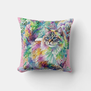 Whimsical Rainbow Watercolor Fluffy Cat in Winter  Throw Pillow
