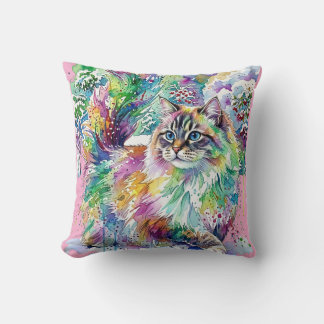 Whimsical Rainbow Watercolor Fluffy Cat in Winter Throw Pillow