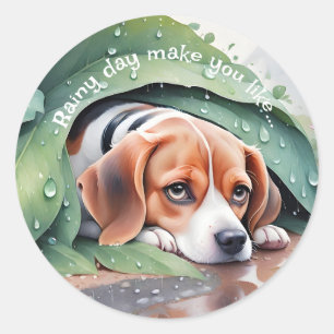 Whimsical Rainy Day Leaf Cover Beagle  Classic Round Sticker