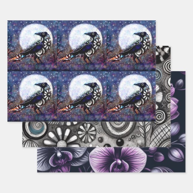 Whimsical Raven Floral Black Purple Decoupage Wrapping Paper Sheet (Set)