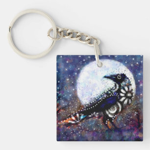 Whimsical Raven Lune Floral Noir Blanc Bleu