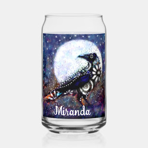 Whimsical Raven Moon Floral Abstract Personalized Can Glass