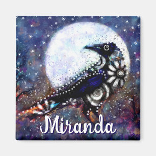 Whimsical Raven Moon Floral Abstract Personalized Magnet