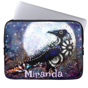 Whimsical Raven Moon Floral Black Personalized Laptop Sleeve