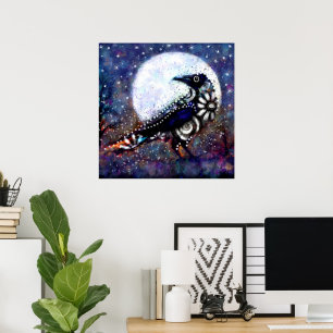 Whimsical Raven Moon Floral Black White Blue Poster