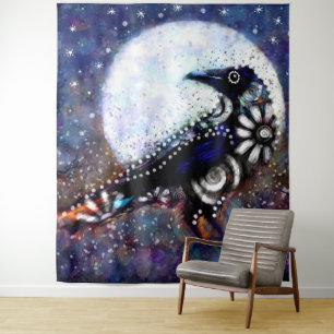 Whimsical Raven Moon Floral Black White Blue Tapestry