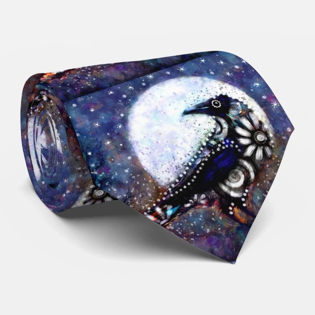 Whimsical Raven Moon Floral Black White Blue Tie (Rolled)