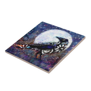 Whimsical Raven Moon Floral Black White Blue Tile