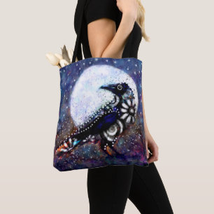 Whimsical Raven Moon Floral Black White Blue Tote Bag