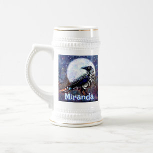 Whimsical Raven Moon Floral Personalized Beer Stein