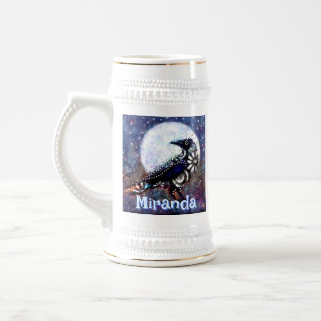 Whimsical Raven Moon Floral Personalized Beer Stein (Left)