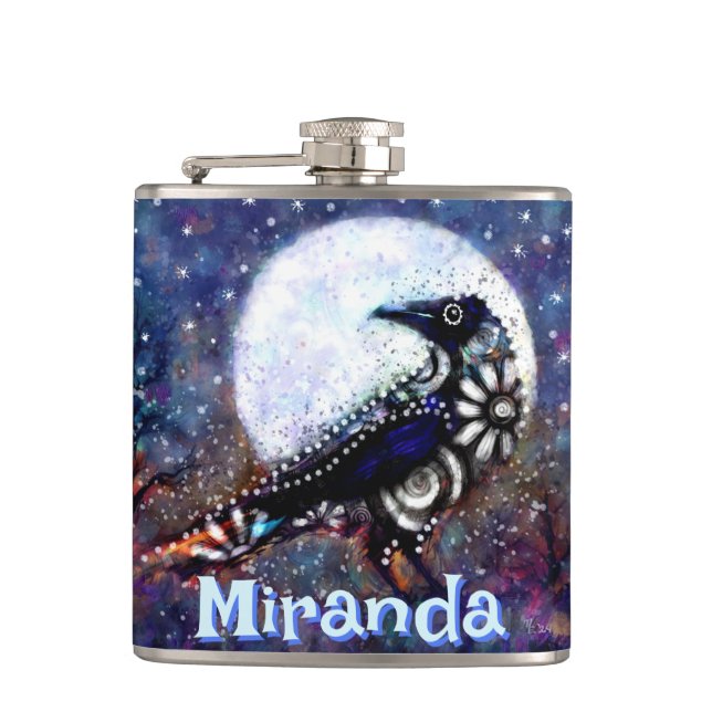 Whimsical Raven Moon Floral Personalized Hip Flask (Front)