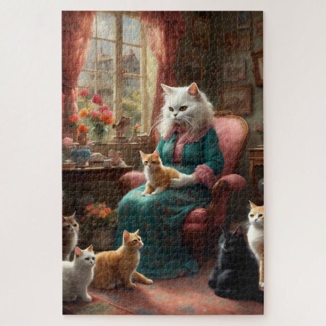 Whimsical Realistic Mama Cat & Kittens Jigsaw Puzzle (Vertical)