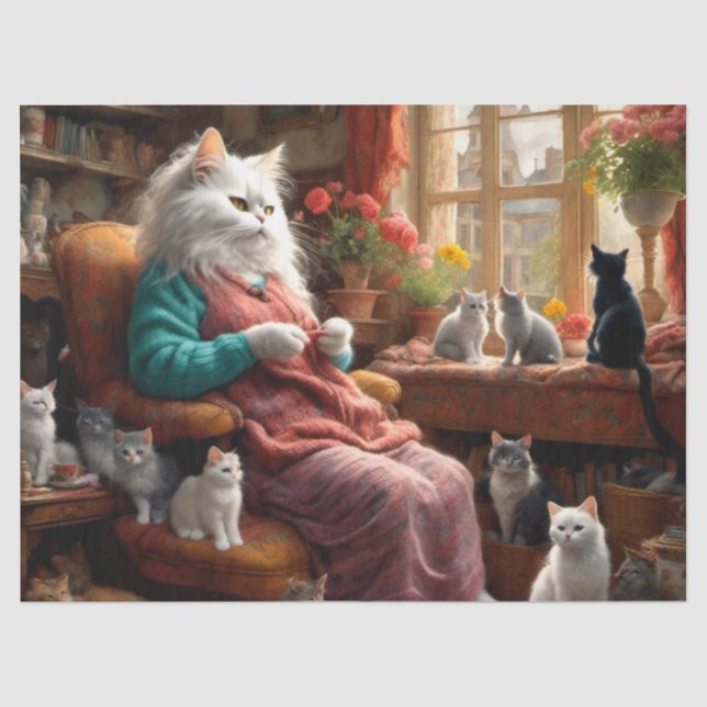 Whimsical Realistic Mama Cat & Kittens  Tissue Paper (Front)