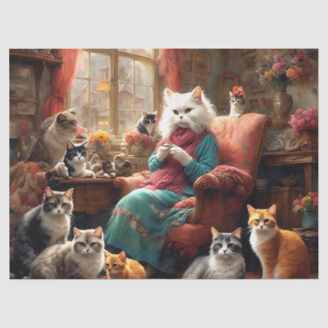 Whimsical Realistic Mama Cat & Kittens  Tissue Paper (Front)