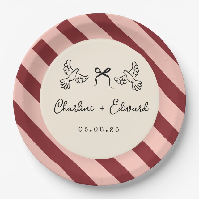 Whimsical Red and Blush Pink Striped Wedding  Paper Plate (Front)