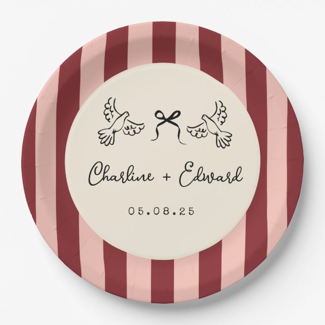 Whimsical Red and Blush Pink Striped Wedding  Paper Plate (Front)