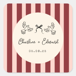 Whimsical Red and Blush Pink Striped Wedding  Square Sticker