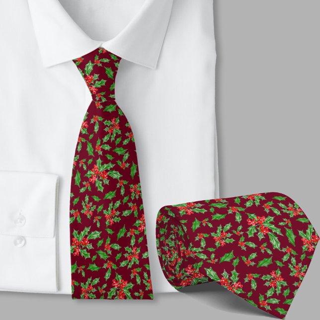 Whimsical Red and Green Holly Pattern Christmas Tie (Creator Uploaded)