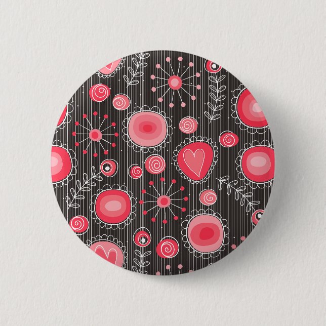 Whimsical red and grey hearts and flowers floral 2 inch round button (Front)