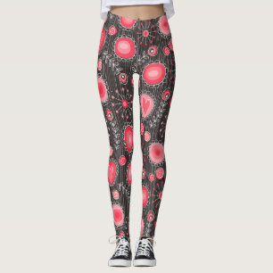 Whimsical red and grey hearts and flowers floral leggings
