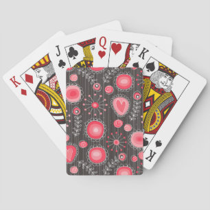 Whimsical red and grey hearts and flowers floral playing cards