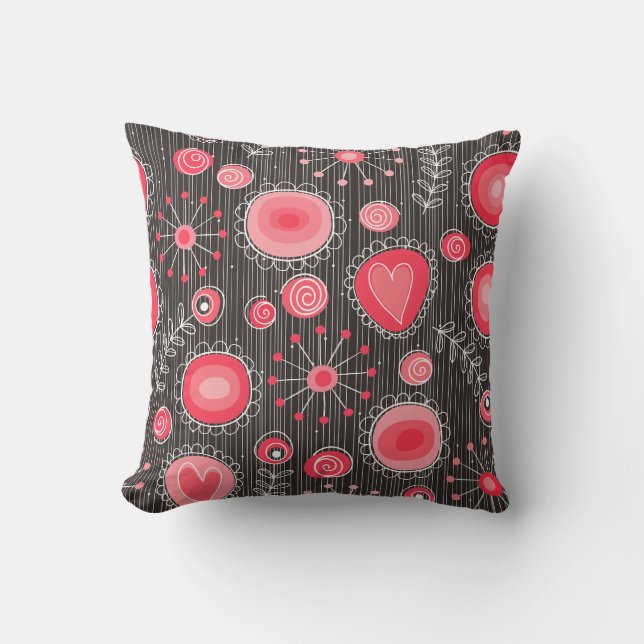 Whimsical red and grey hearts and flowers floral throw pillow (Front)
