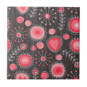 Whimsical red and grey hearts and flowers floral tile