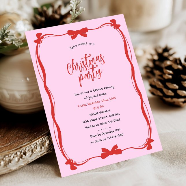 Whimsical Red and Pink Bow Christmas Party Invitation (Creator Uploaded)