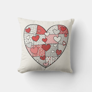 Whimsical Red and Pink Patchwork Heart Collage Art Throw Pillow