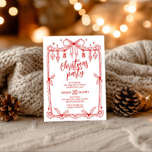 Whimsical Red and White Hand Drawn Christmas Party Invitation