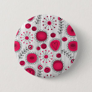 Whimsical red and white hearts and flowers floral 2 inch round button