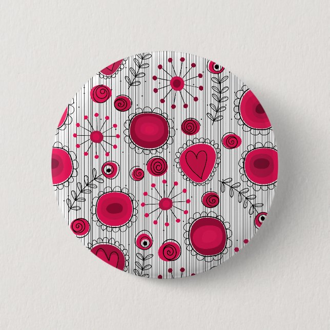 Whimsical red and white hearts and flowers floral 2 inch round button (Front)