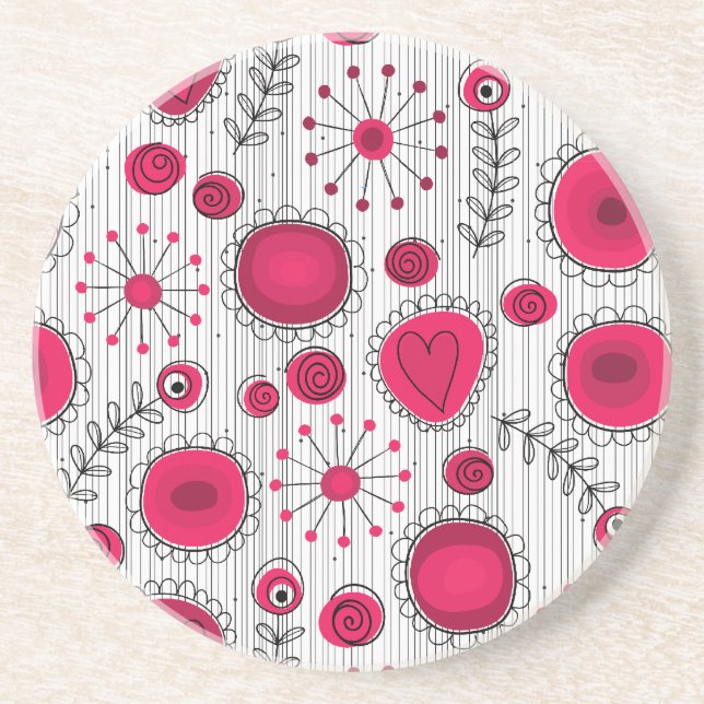 Whimsical red and white hearts and flowers floral coaster (Front)