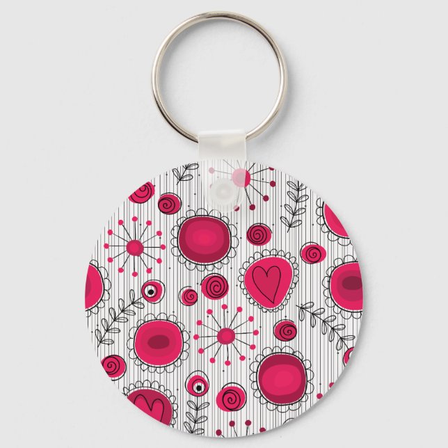 Whimsical red and white hearts and flowers floral keychain (Front)