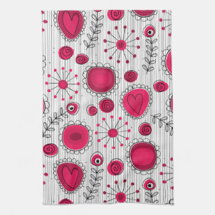 Whimsical red and white hearts and flowers floral kitchen towel