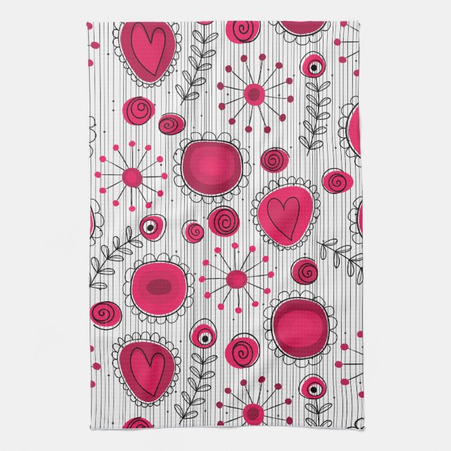Whimsical red and white hearts and flowers floral kitchen towel (Vertical)
