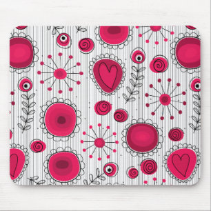 Whimsical red and white hearts and flowers floral mouse pad