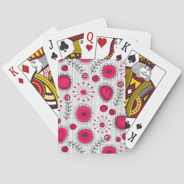 Whimsical red and white hearts and flowers floral playing cards (Back)