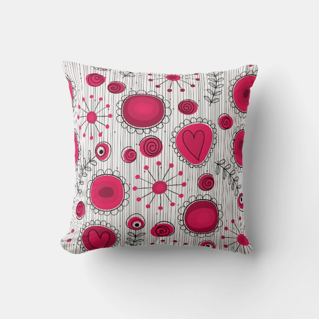 Whimsical red and white hearts and flowers floral throw pillow (Front)